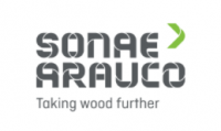 Logotipo de Sonae Arauco, con el nombre en texto gris y una flecha verde, con el lema