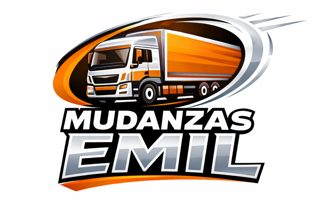 Logotipo de Mudanzas Emil que muestra un camión de mudanzas naranja y blanco dentro de un marco ovalado.