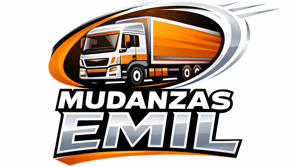 Logotipo de Mudanzas Emil que muestra un cami&oacute;n de mudanzas naranja y blanco dentro de un marco ovalado.