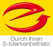 The logo for durch ihren e-markenbetrieb is a red arrow on a yellow background.