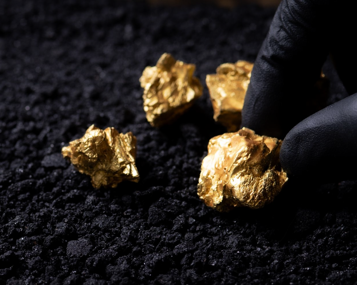 Trois pépites d'or sur un tissu sombre et rugueux, une main gantée touchant l'une d'elles.