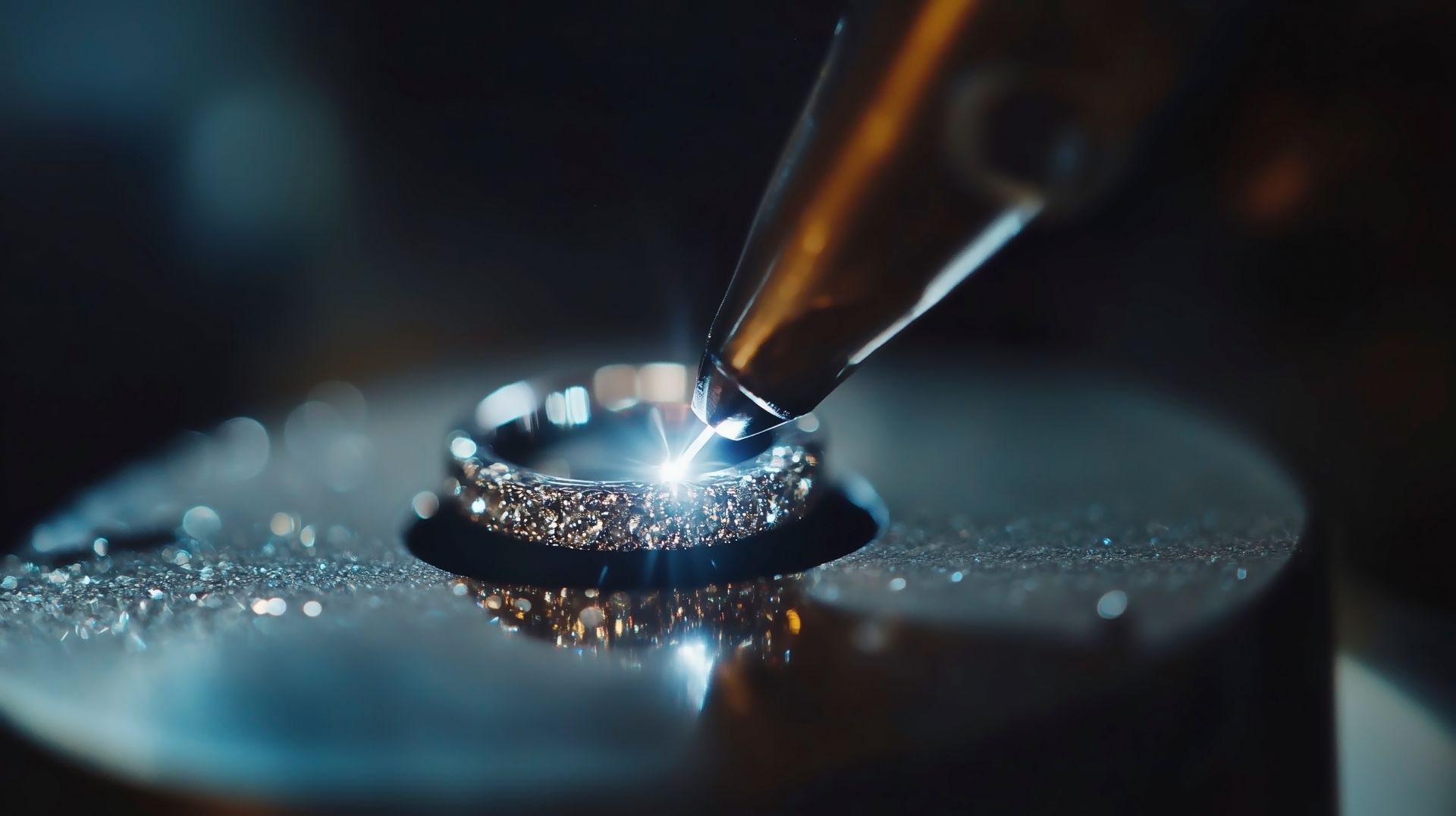 Gros plan sur la gravure d'un bijou où un diamant est placé à l'aide d'un laser sous une lumière vive.