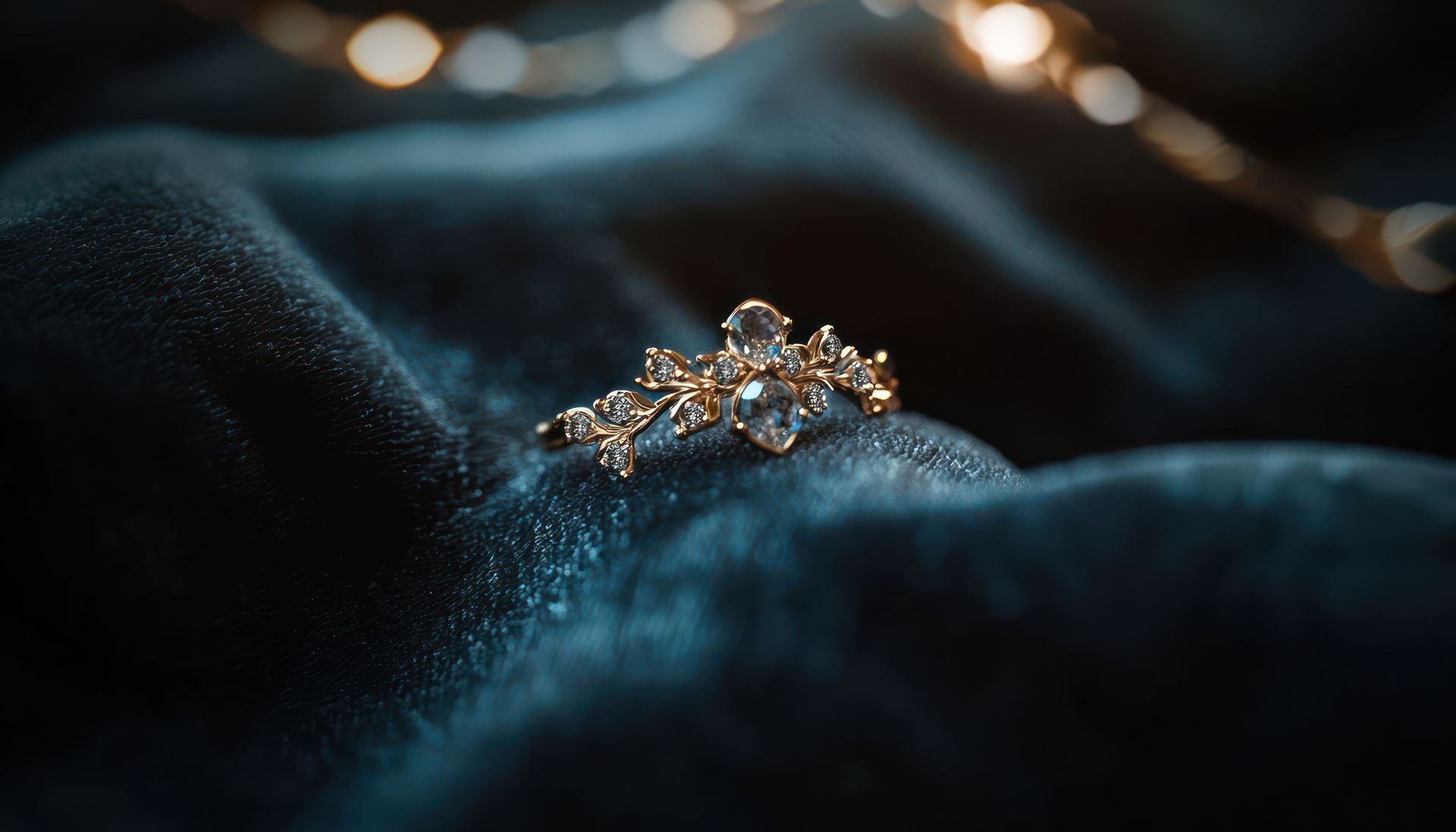 Bague en or et diamants sur un tissu de velours bleu foncé, avec un éclairage doux et tamisé.