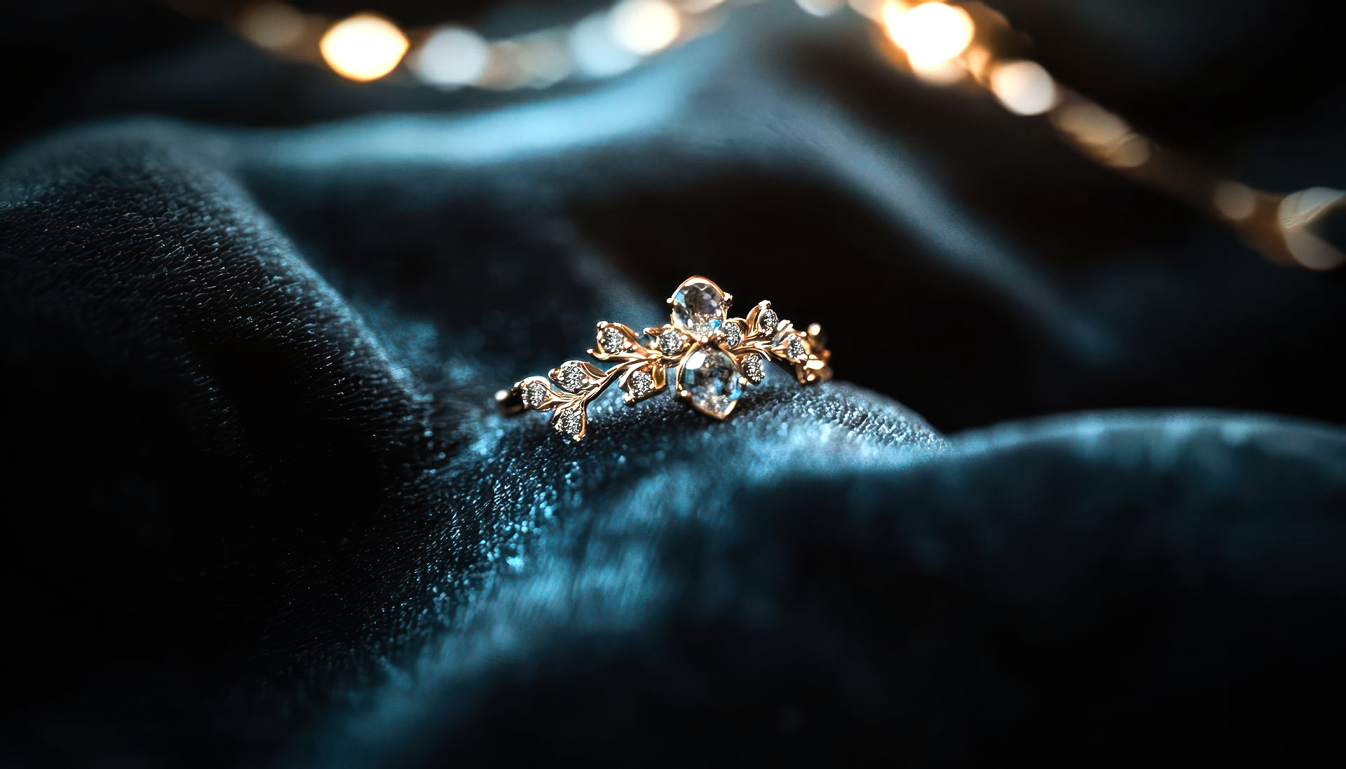 Bague ornée de pierres précieuses étincelantes sur un tissu de velours bleu foncé