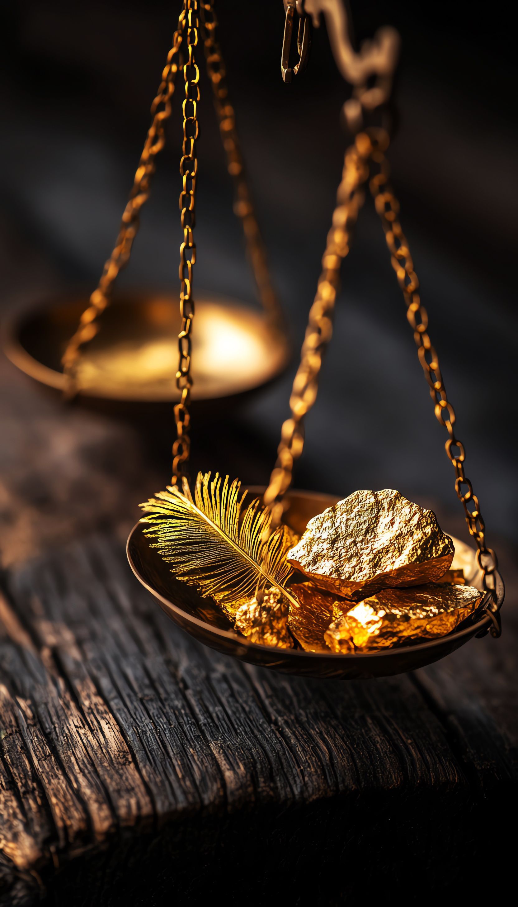 Balance dorée contenant des pépites d'or et des feuilles sur une surface en bois sombre