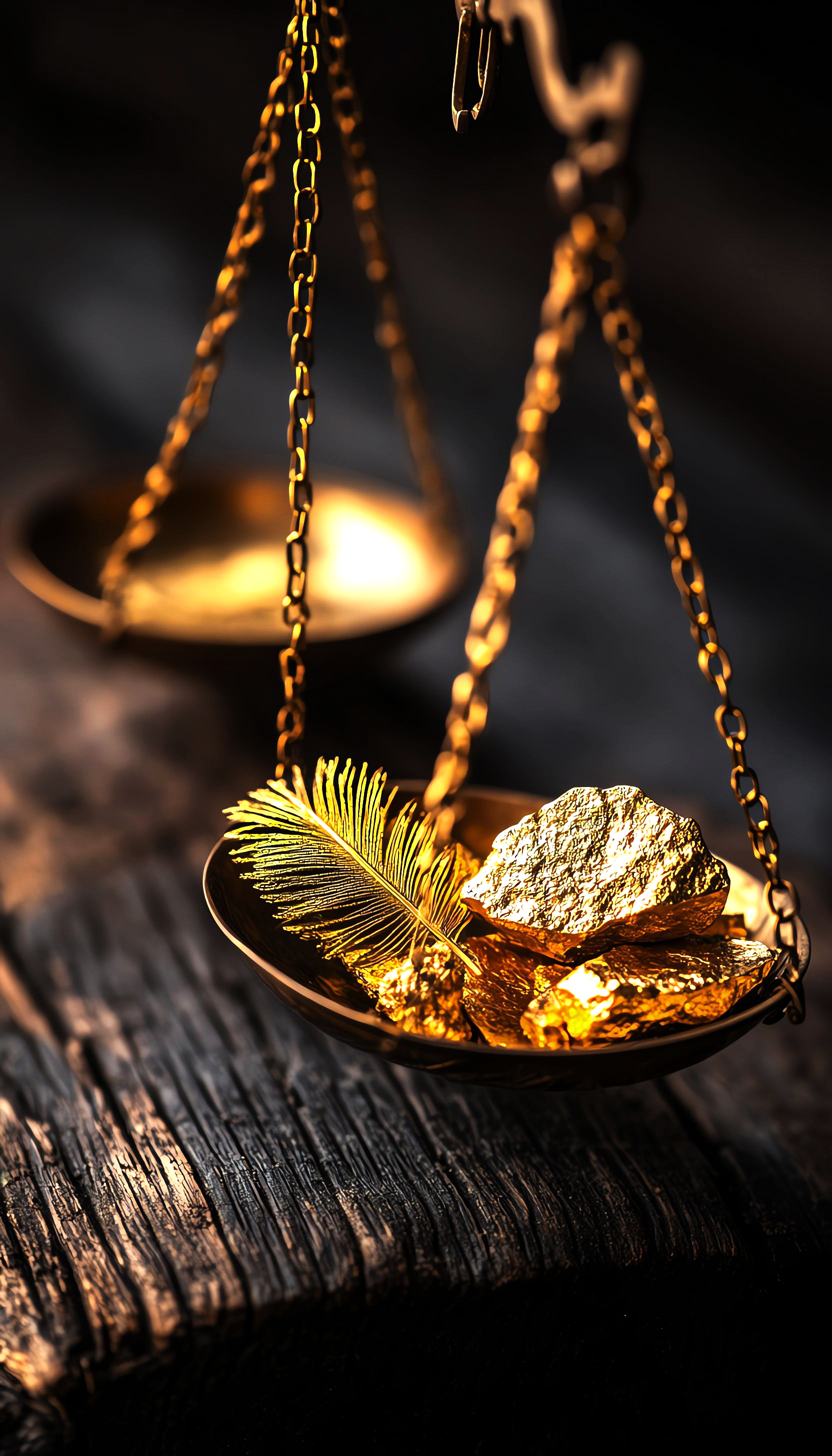 Une balance dorée avec des pétites d'or et une plume dorée