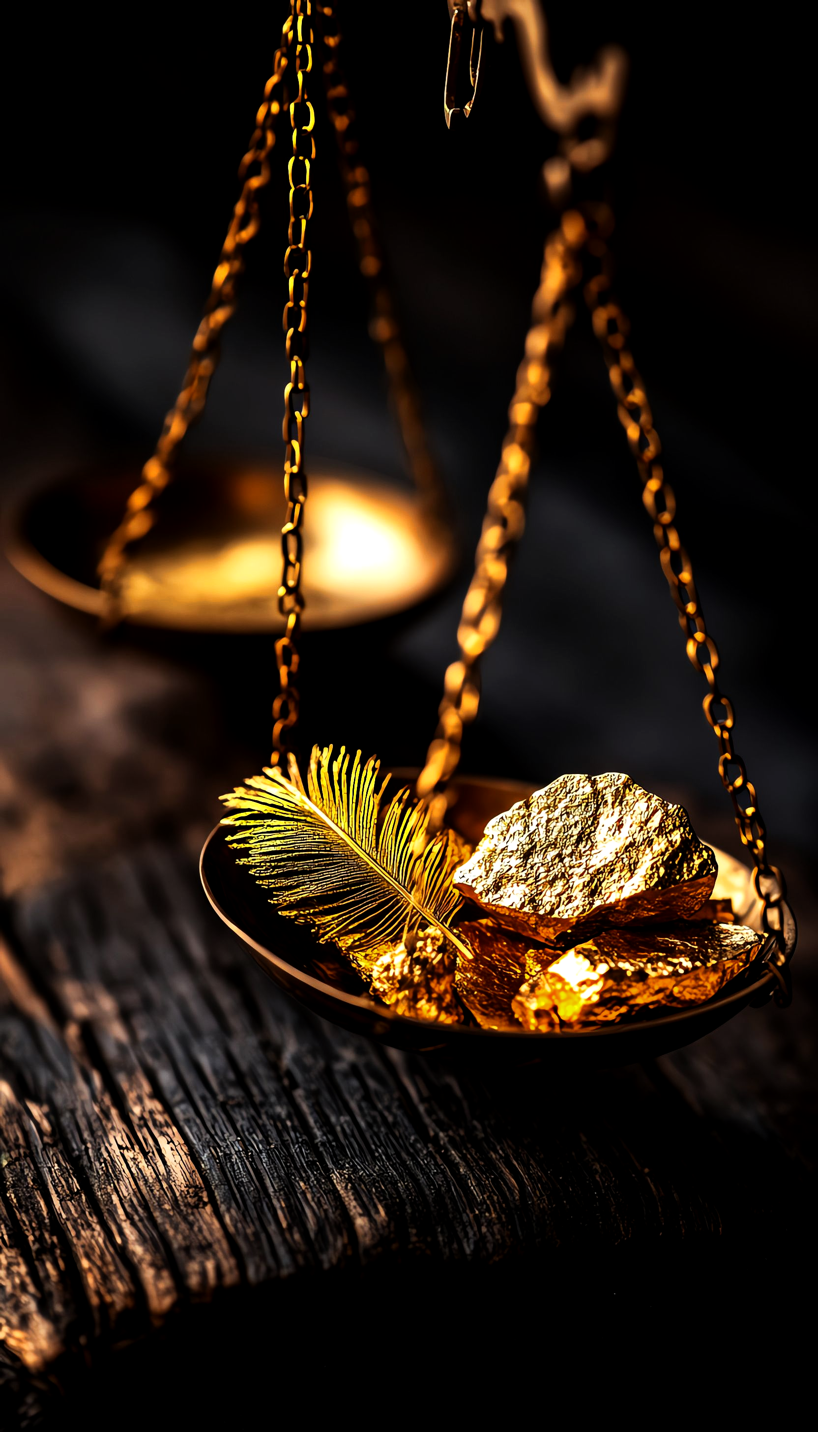 Une balance dorée avec des pépites d'or et une feuille décorative sur une table en bois, éclairée d'une lumière chaleureuse.