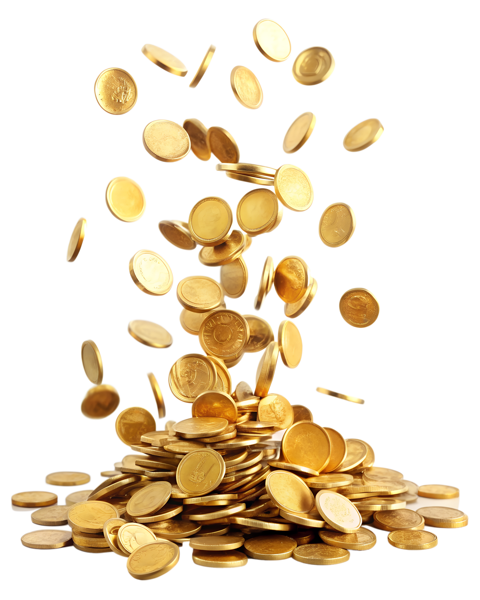 Des pièces d'or tombent sur un tas qui grossit sur fond blanc.