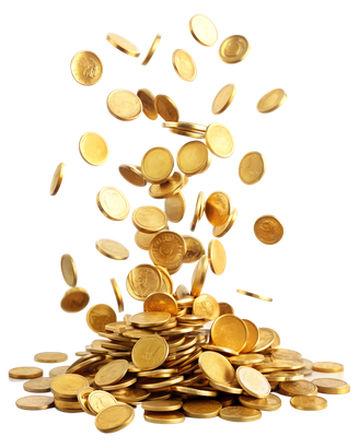 Des pièces d'or tombent et s'accumulent en un tas sur un fond blanc.