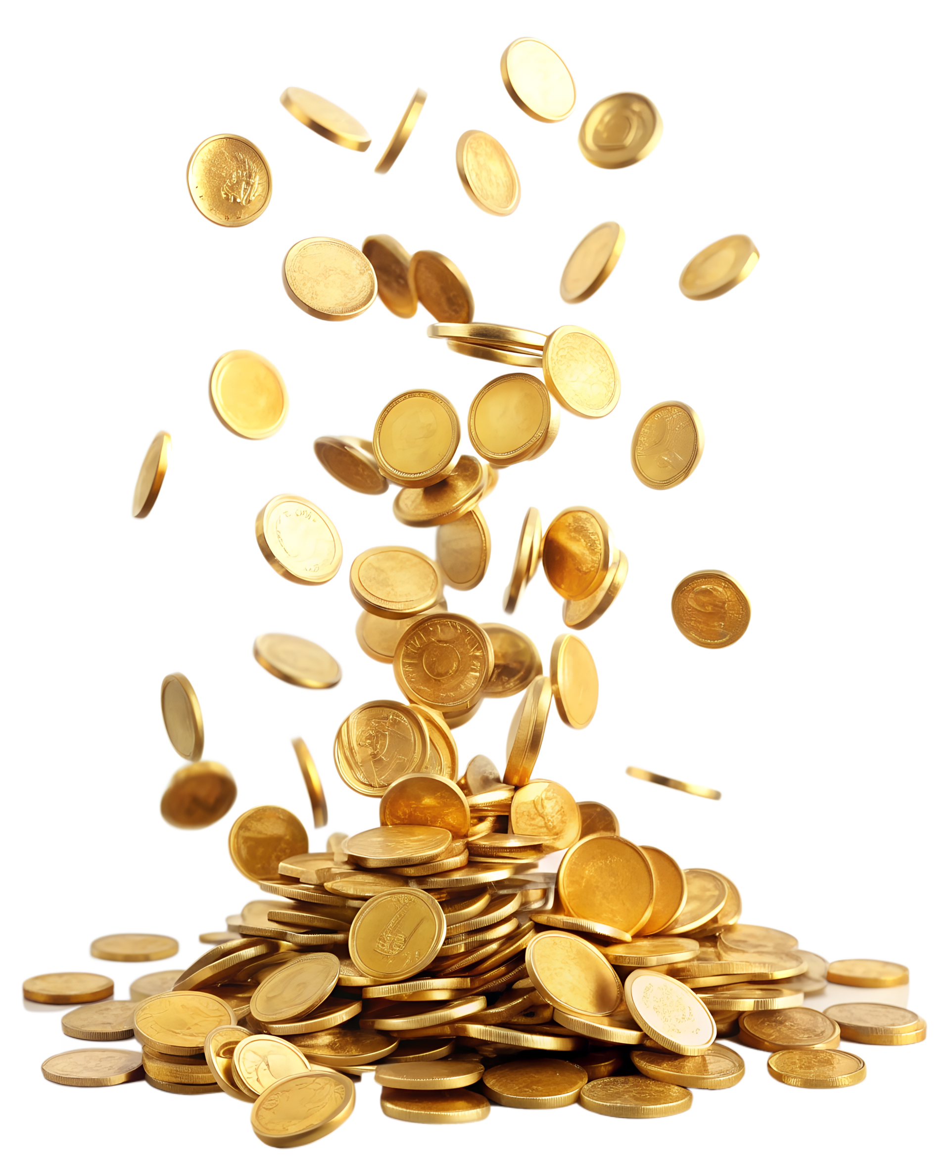 Des pièces d'or tombent en tas sur un fond blanc