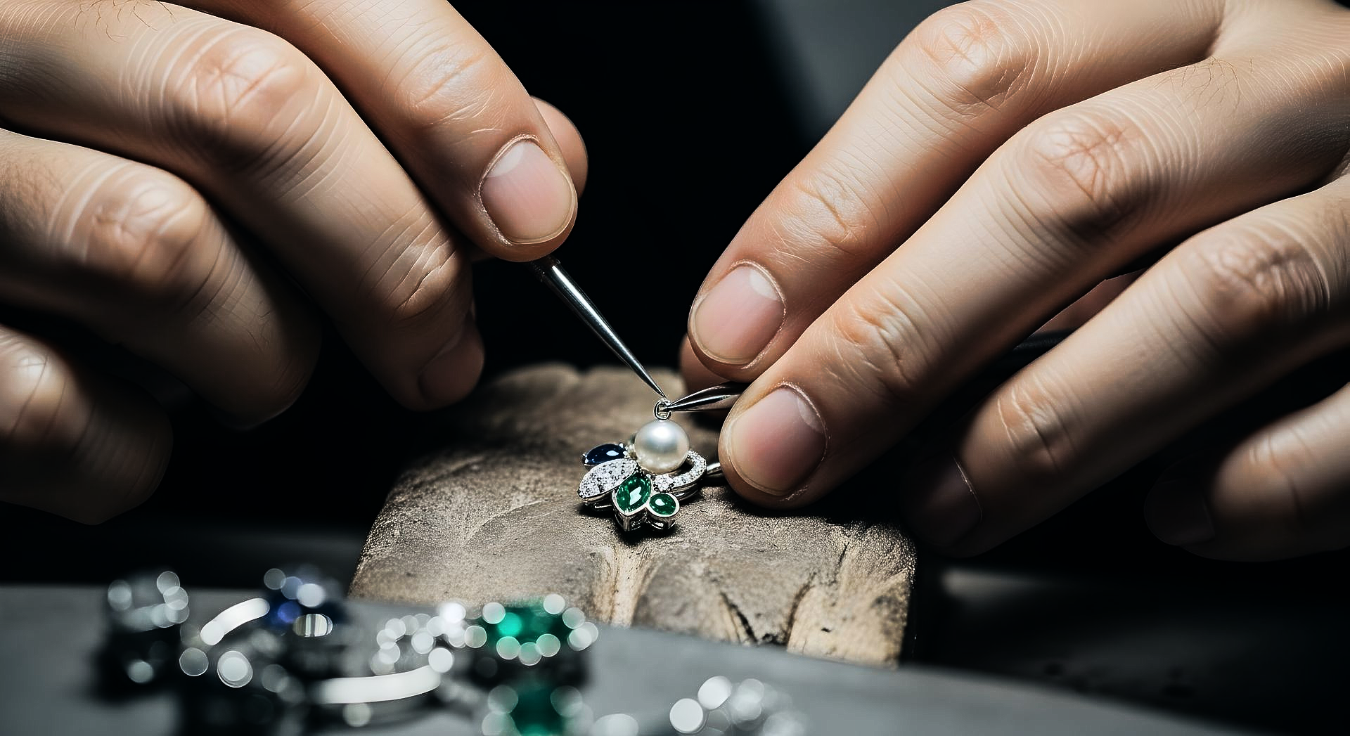 Des mains manipulant une pierre précieuse verte sur une bague, sur un établi de bijoutier.