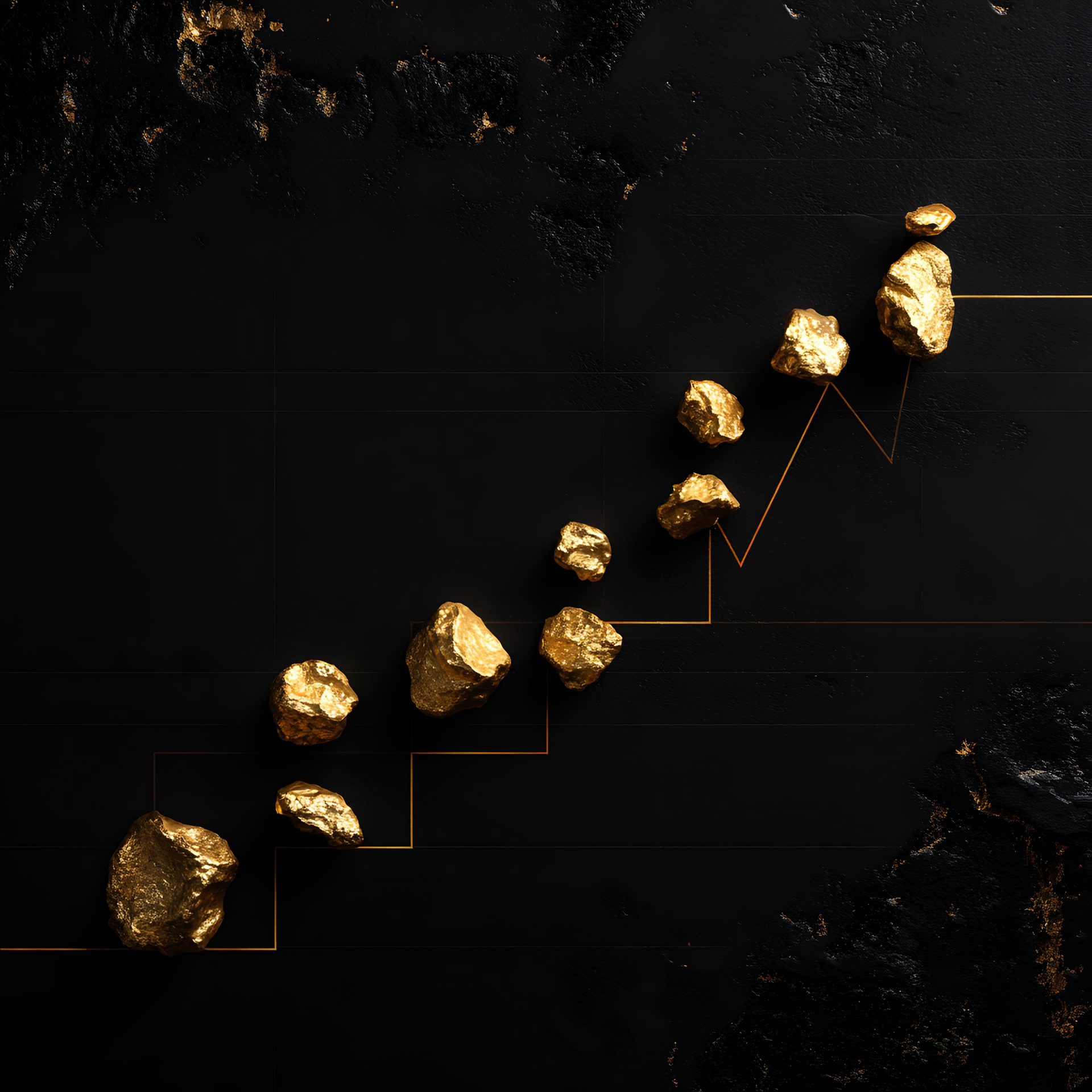 Pépites d'or disposées en gradins ascendants sur un fond sombre