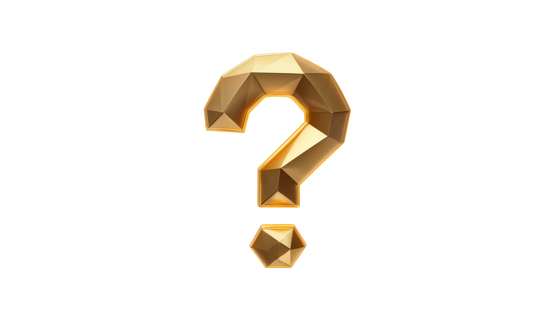 Point d'interrogation doré à facettes sur fond blanc