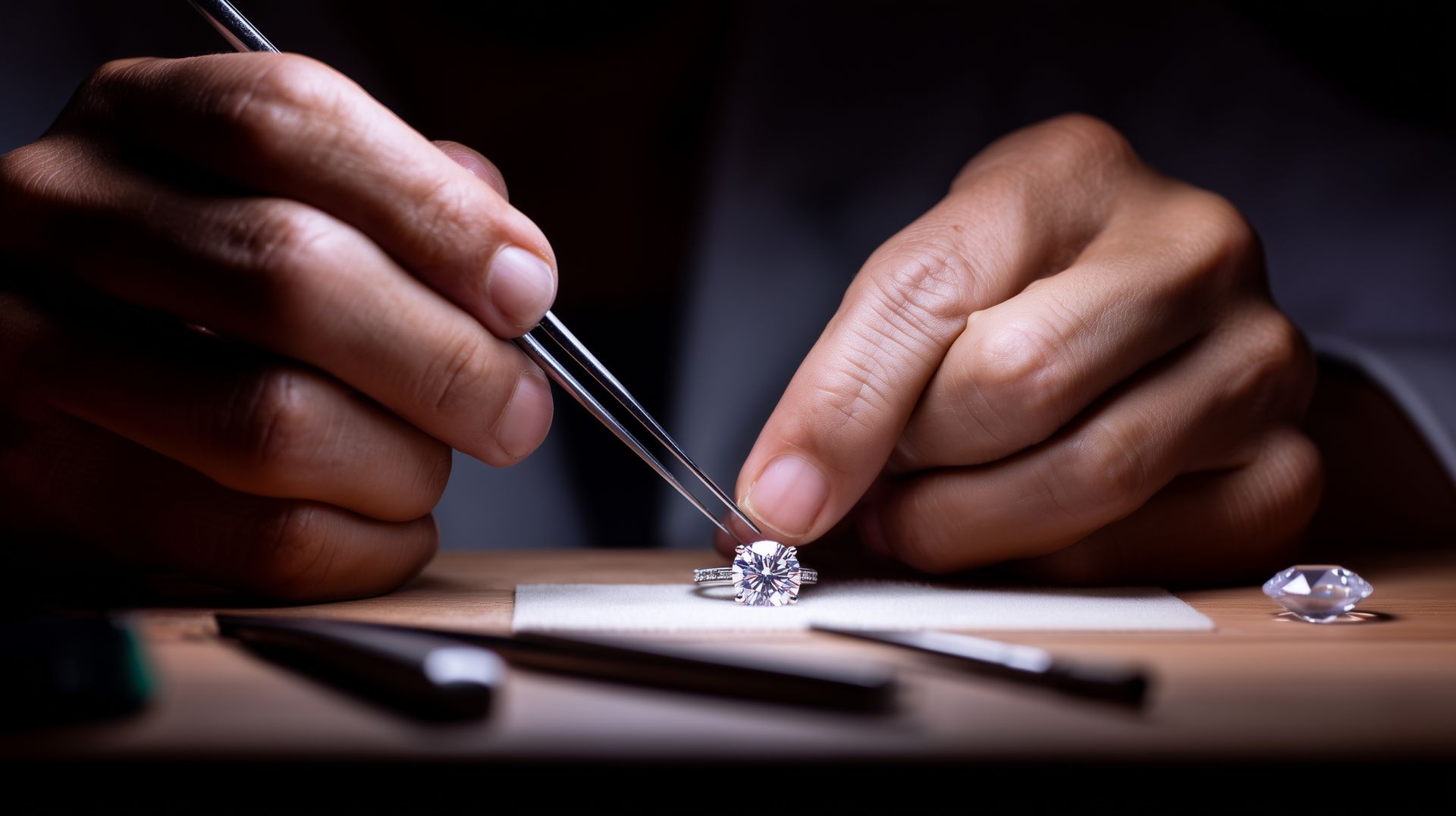 Des mains déposent un petit diamant sur une surface blanche sous une lumière tamisée.