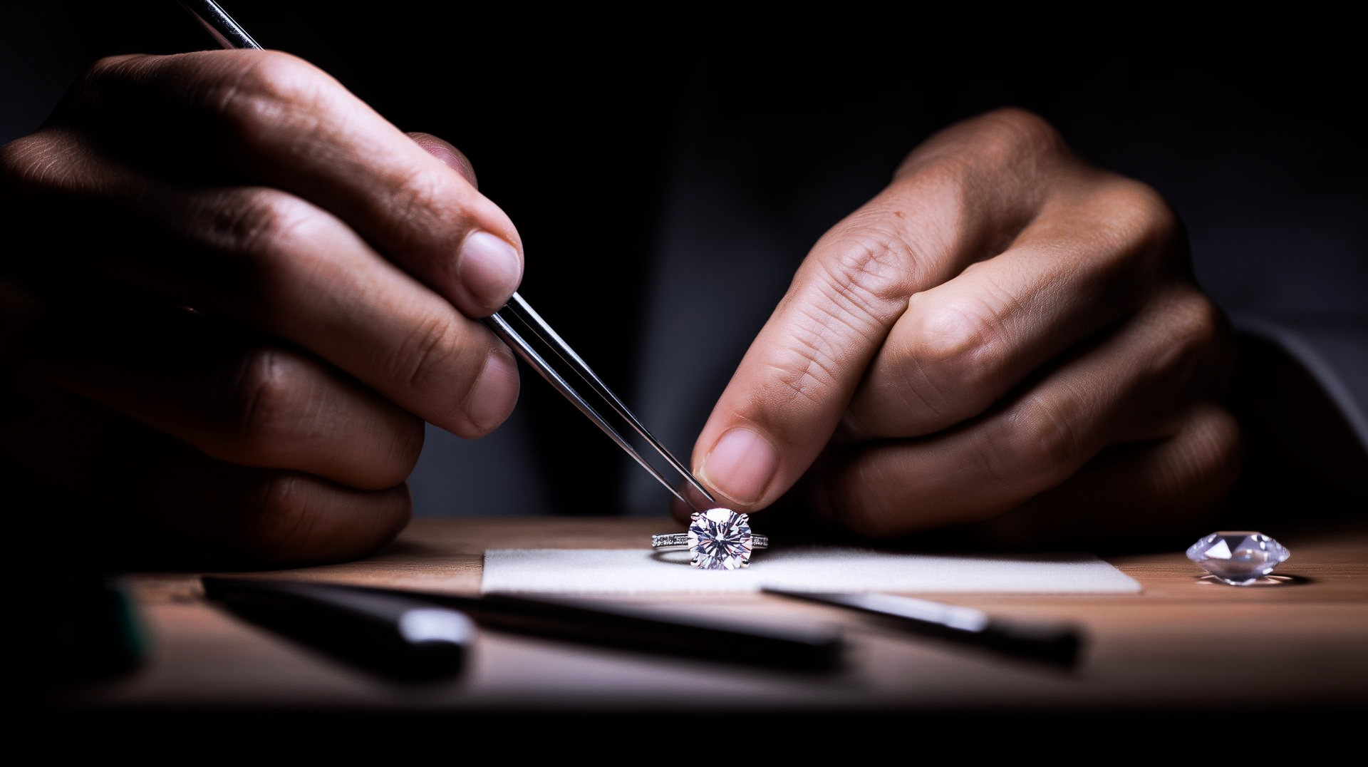 Des mains manipulant une pince pour sertir un petit diamant sur une bague, sur un établi sombre, des outils à proximité.