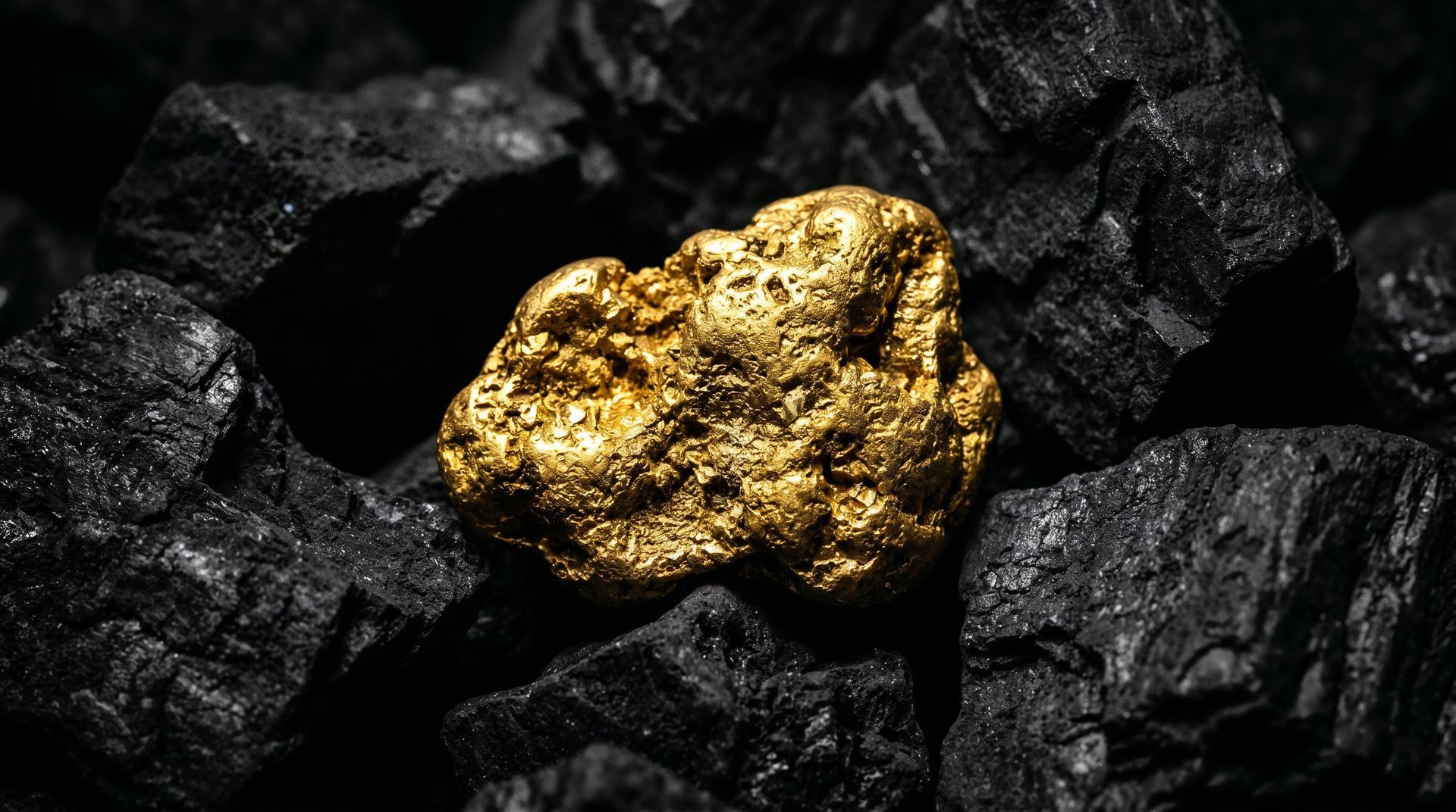 Une pépite d'or nichée parmi des morceaux de charbon sombre sur fond noir.