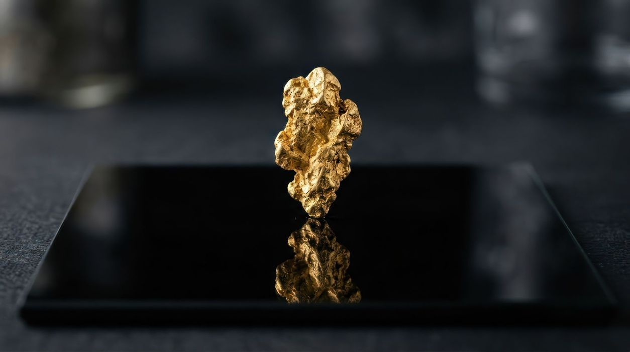 Pépite d'or posée sur une surface noire réfléchissante, sur fond sombre.
