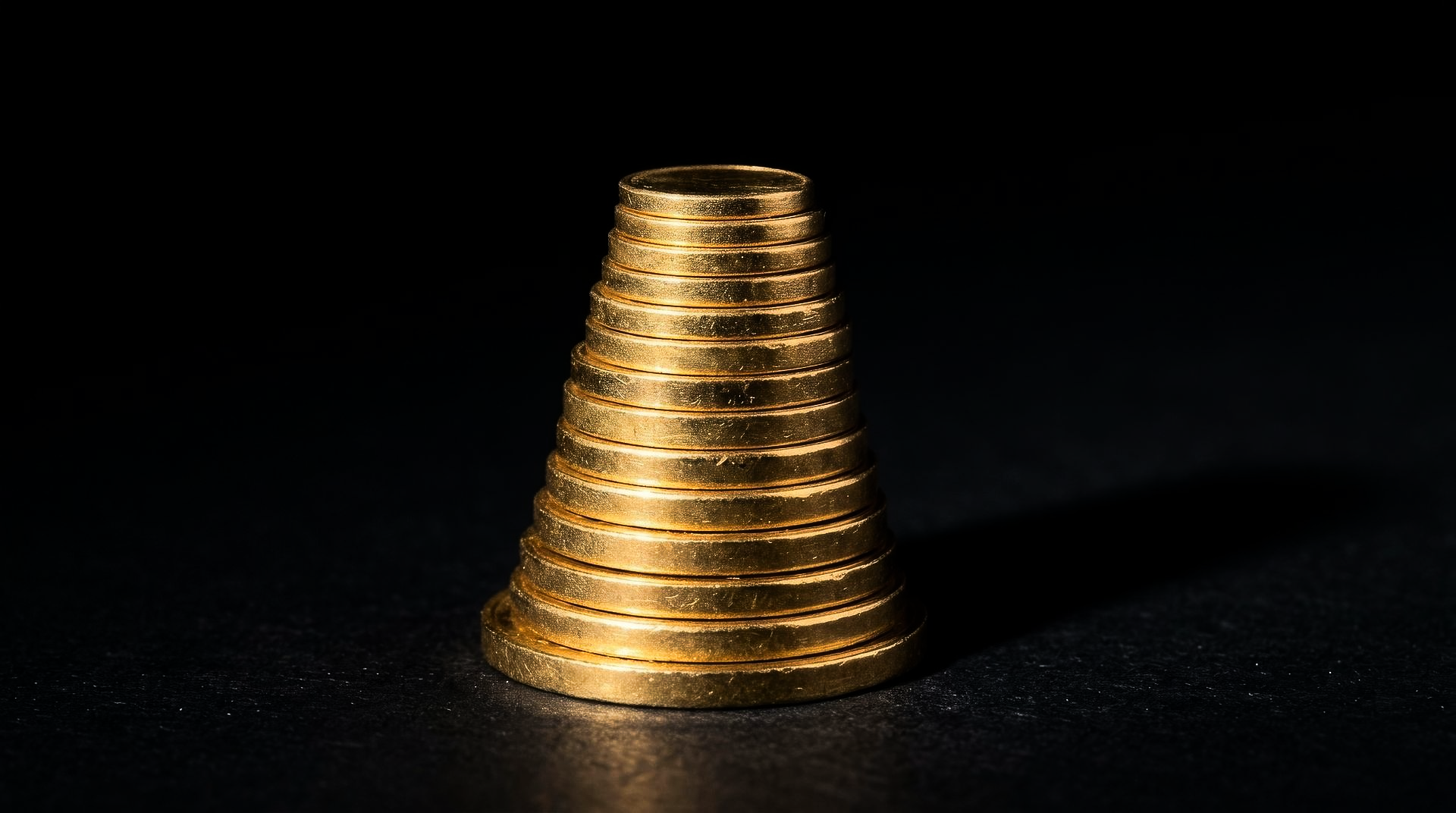 Pile de pièces d'or en forme de petite pyramide sur fond sombre