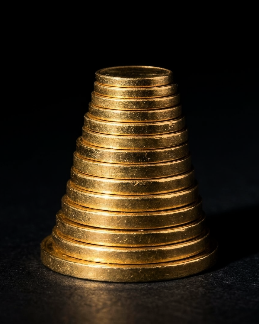 Pile de pièces d'or formant une colonne conique sur fond sombre