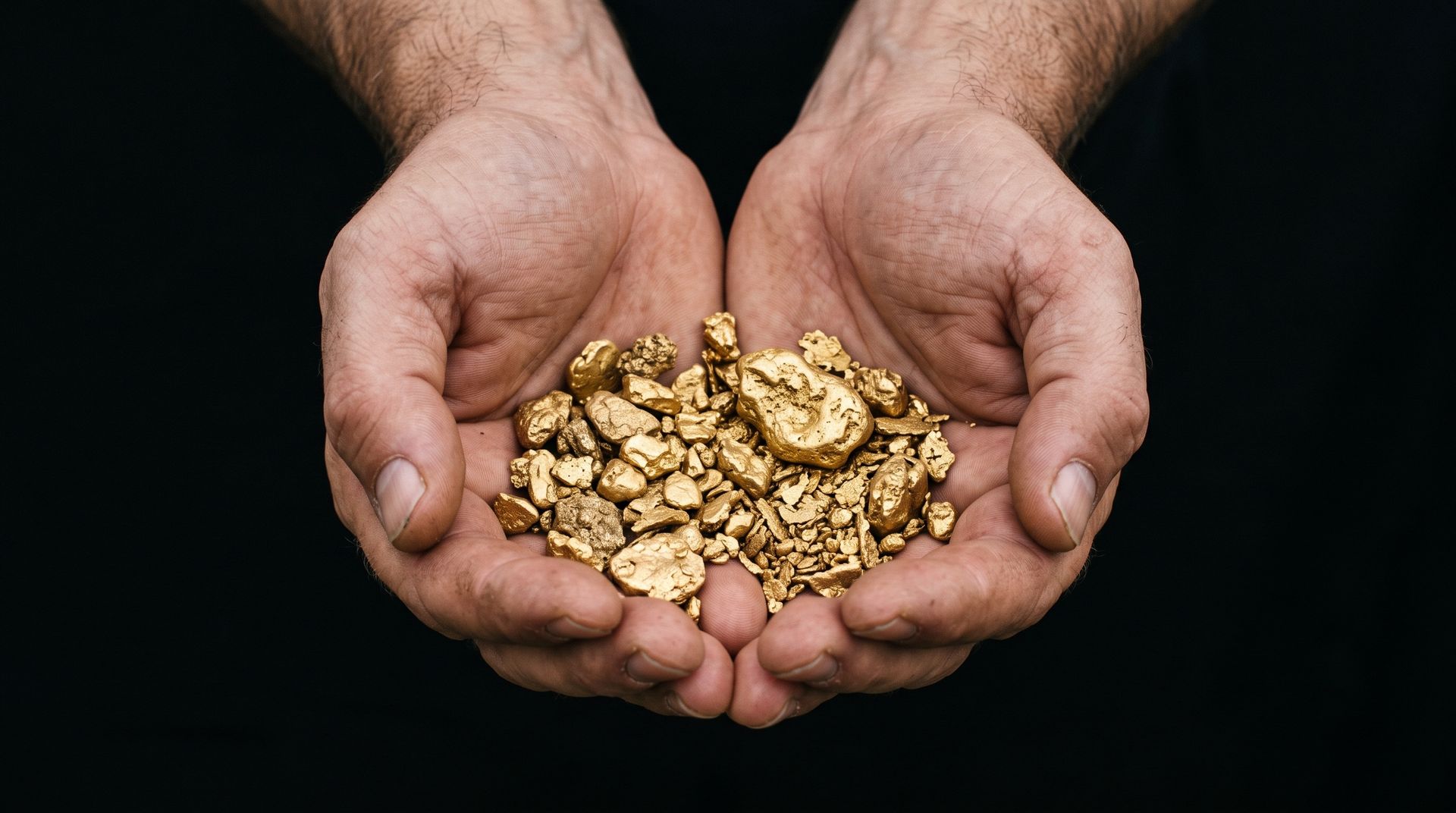 Deux mains tenant un tas de pépites d'or sur fond noir