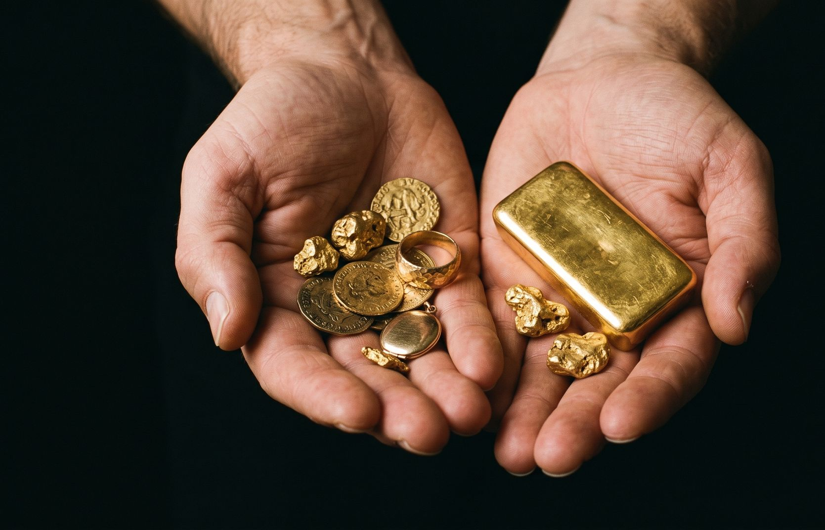 Des mains tenant des pièces d'or et un lingot d'or sur fond sombre.