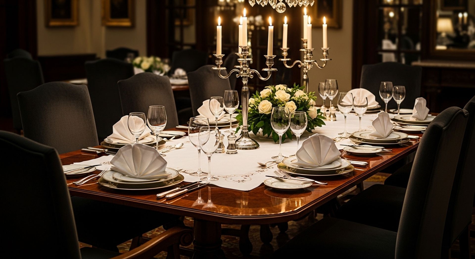 Élégante table à manger dressée avec assiettes blanches, verres en cristal, centre de table floral et candélabre allumé.