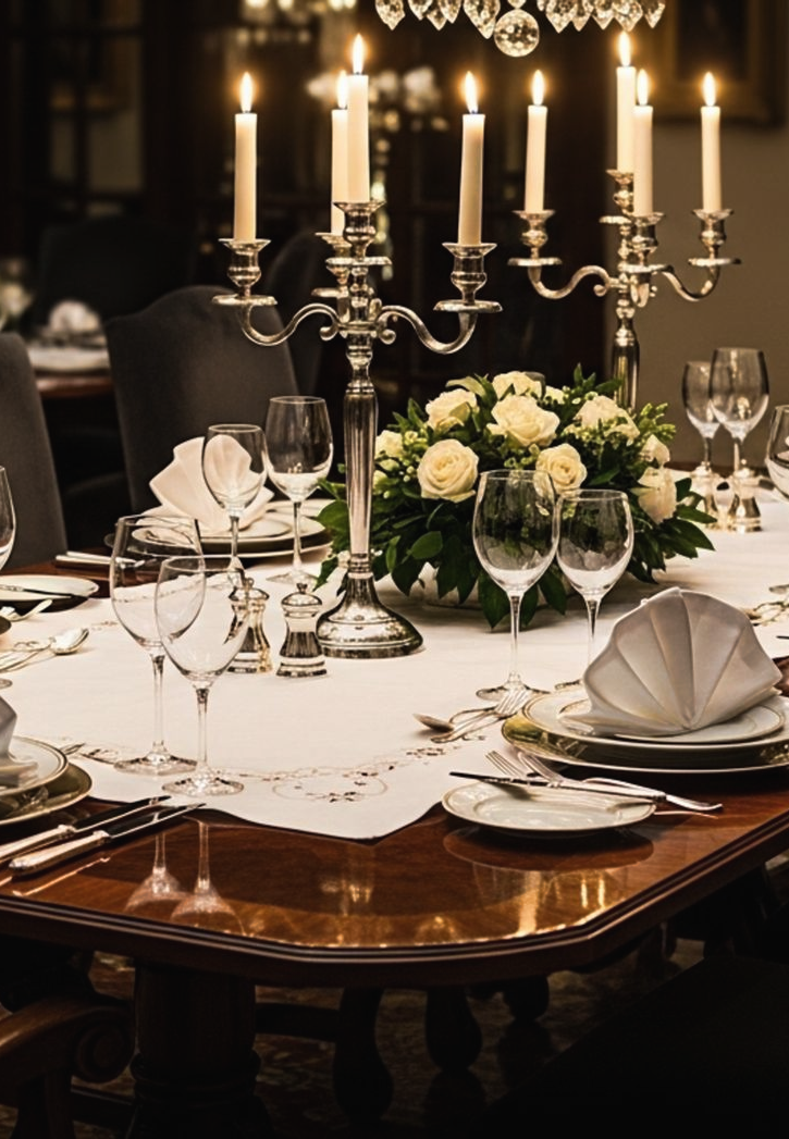 Table à manger dressée avec des bougies, des fleurs, des verres à vin et des assiettes dans une pièce faiblement éclairée