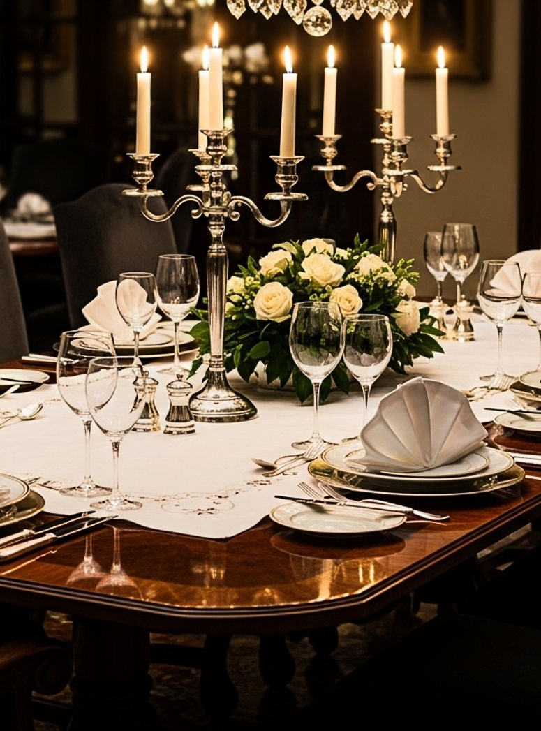 Élégante table à manger éclairée aux chandelles, ornée de fleurs blanches, de candélabres en argent et de couverts dressés.