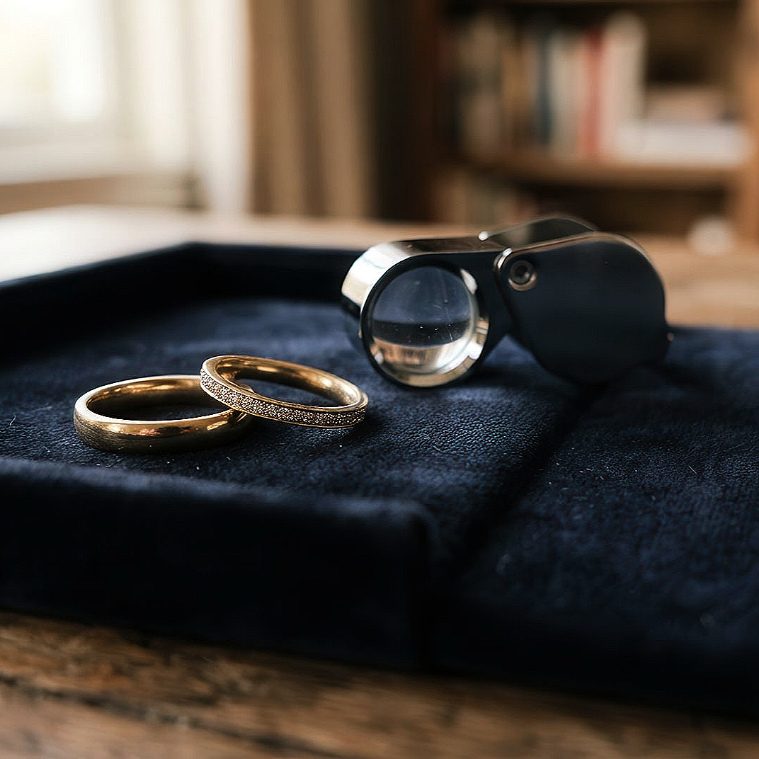 Des bagues en or à côté d'une loupe de bijoutier sur une boîte en velours bleu foncé, avec un arrière-plan légèrement flou.