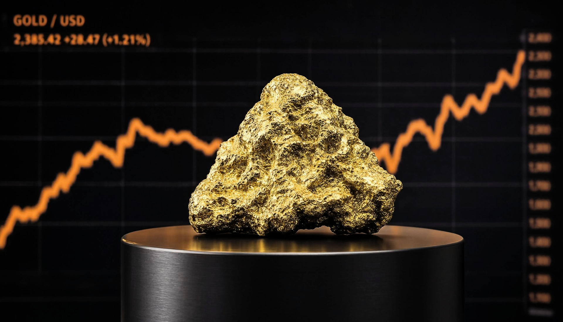 Pépite d'or sur un piédestal, avec en arrière-plan un graphique de prix orange.