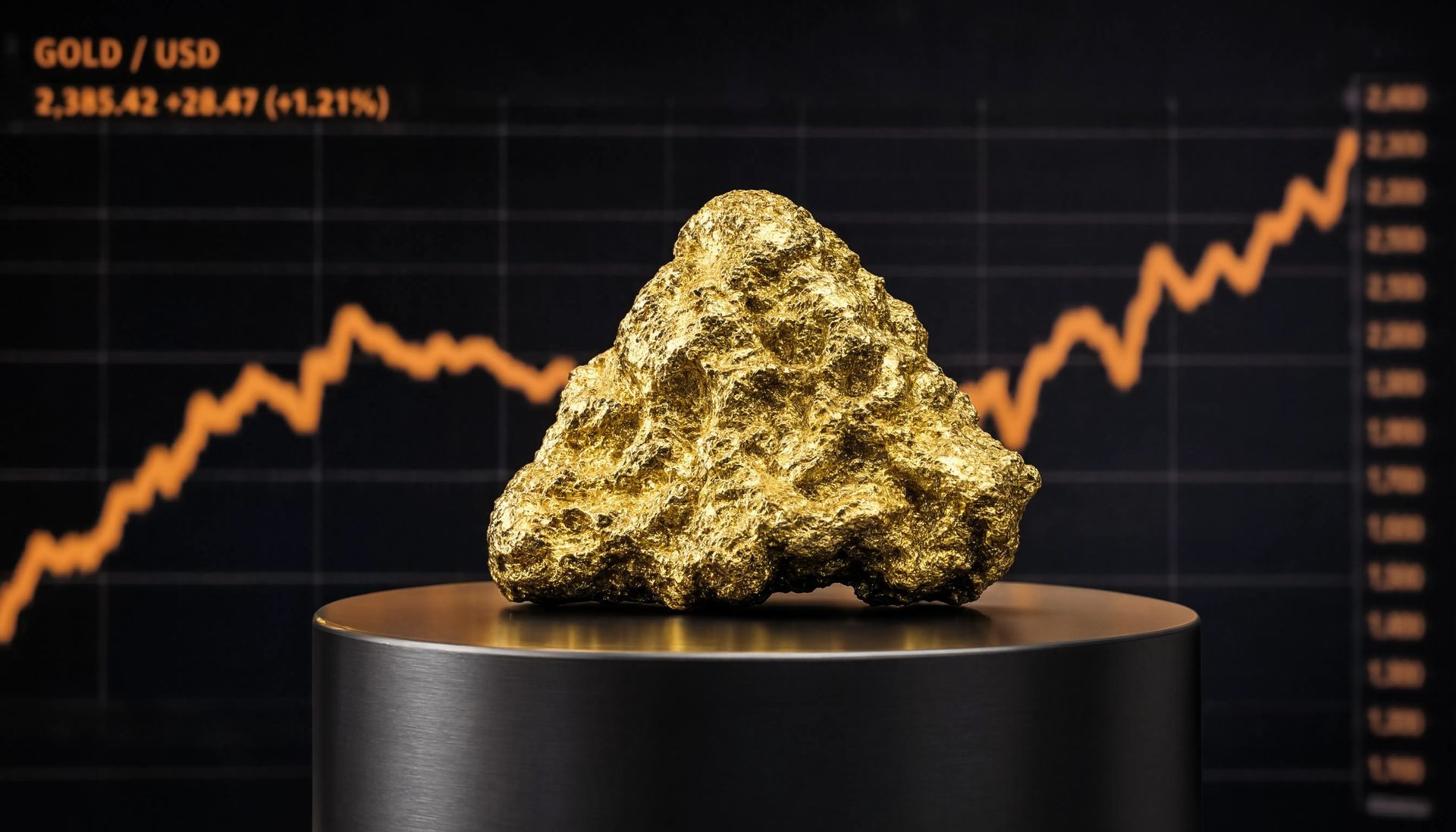 Une pépite d'or sur un piédestal devant un graphique boursier orange à tendance haussière.