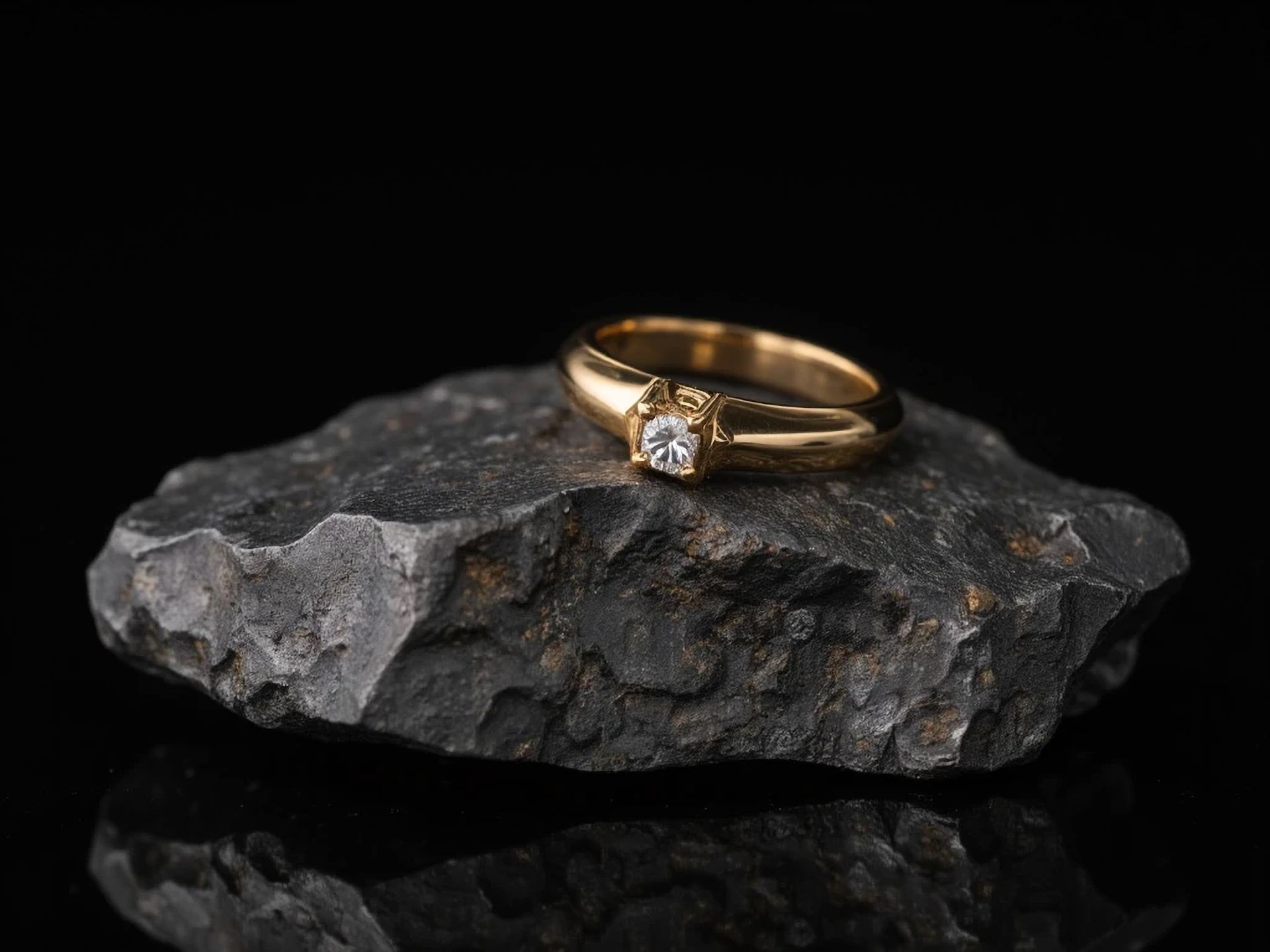Bague en or avec un diamant posé sur une pierre sombre sur fond noir.