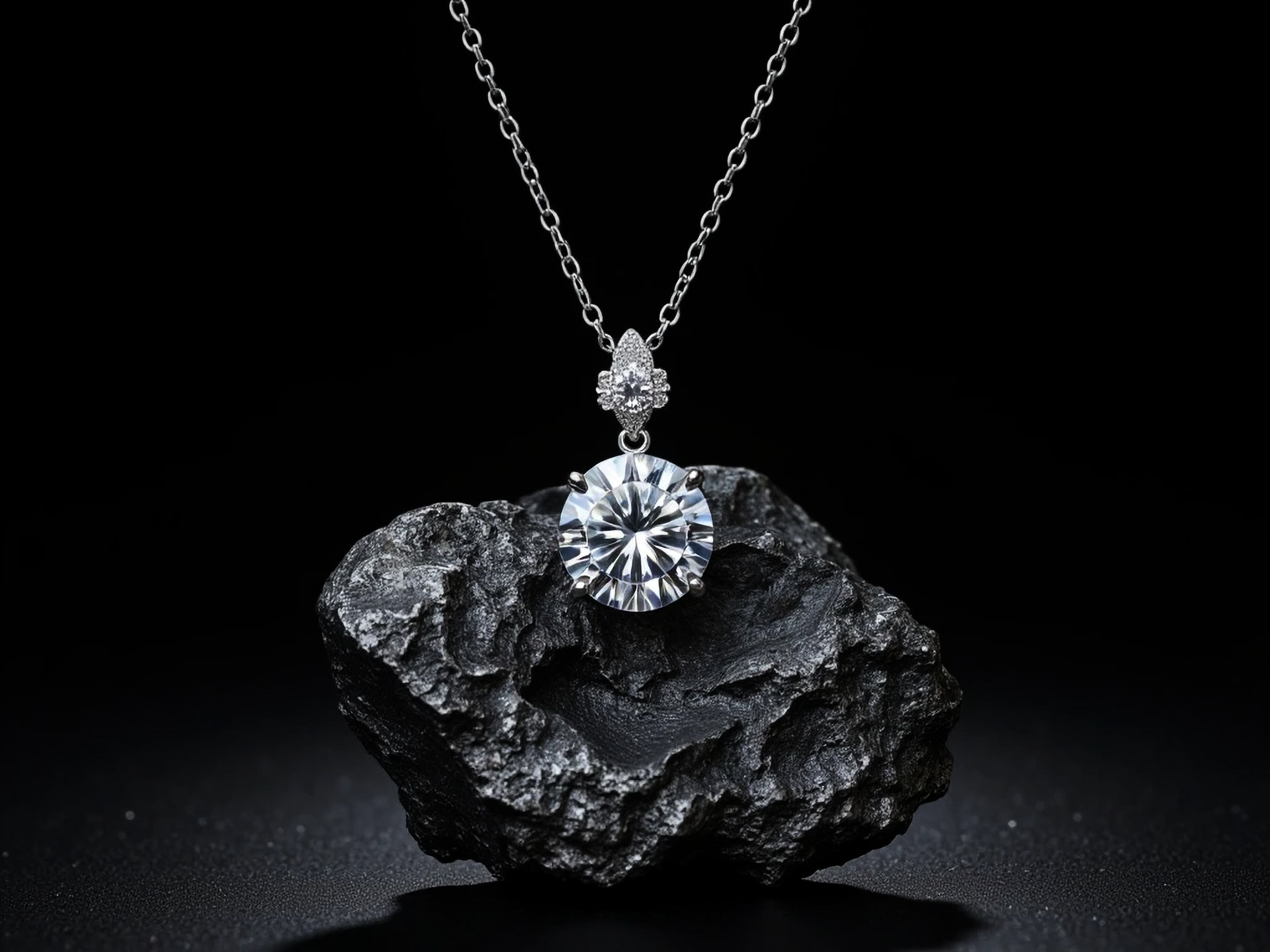 Collier pendentif en diamant posé sur une roche noire sur fond sombre