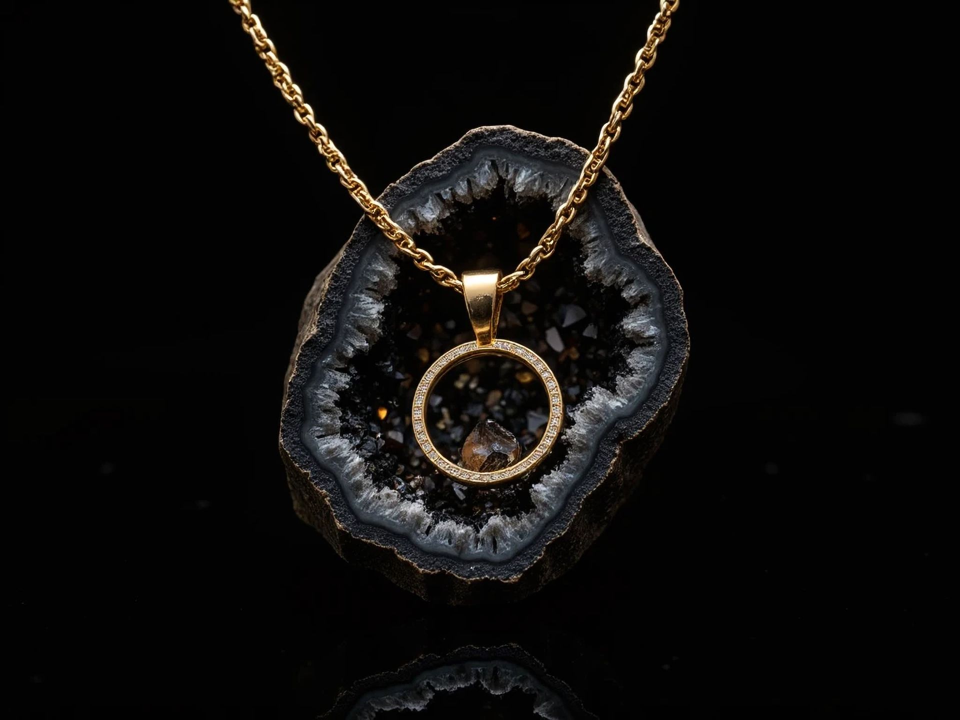 Collier en or avec pendentif circulaire sur fond de cristal géode sombre