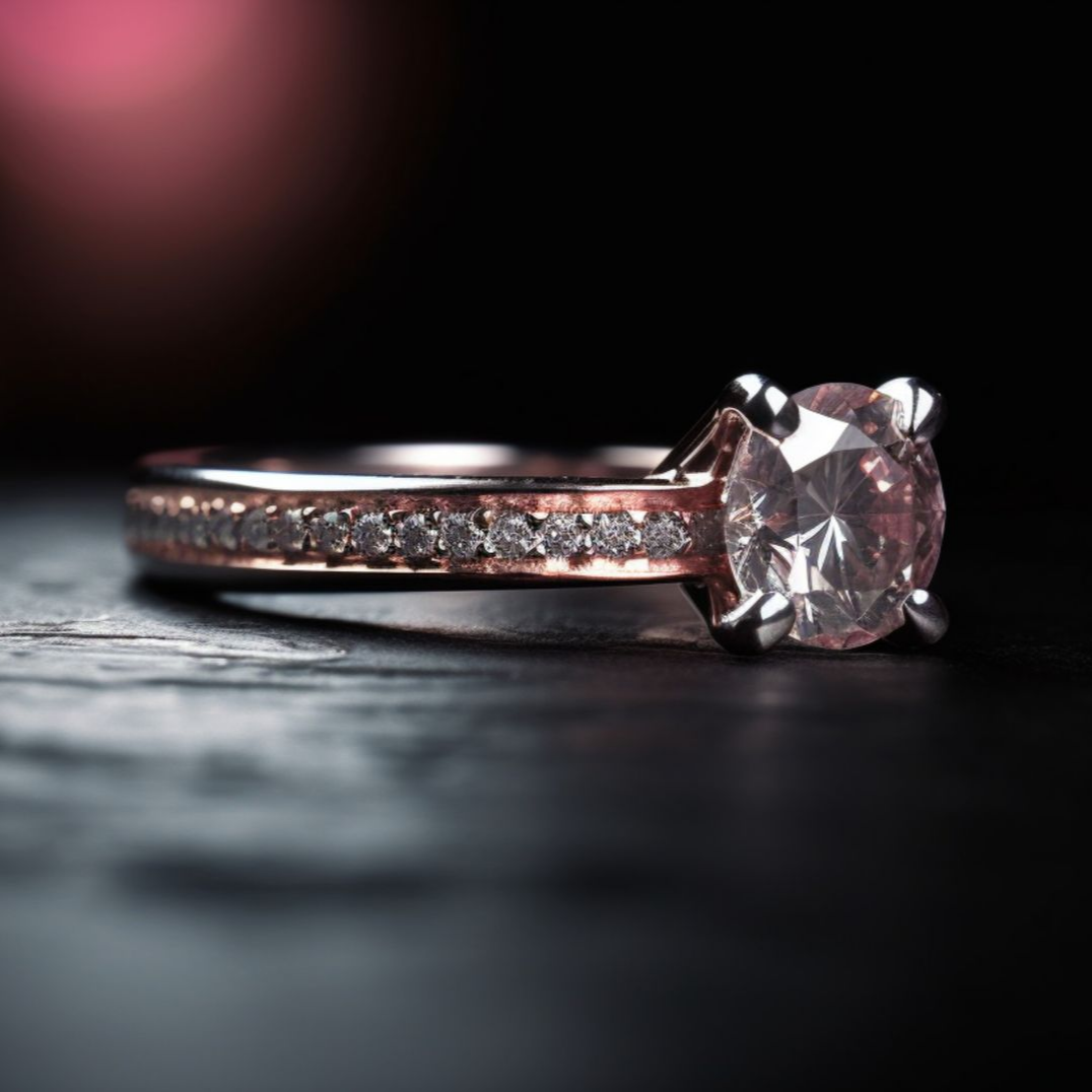 Bague de fiançailles en or rose et diamants sur fond sombre, gros plan de profil