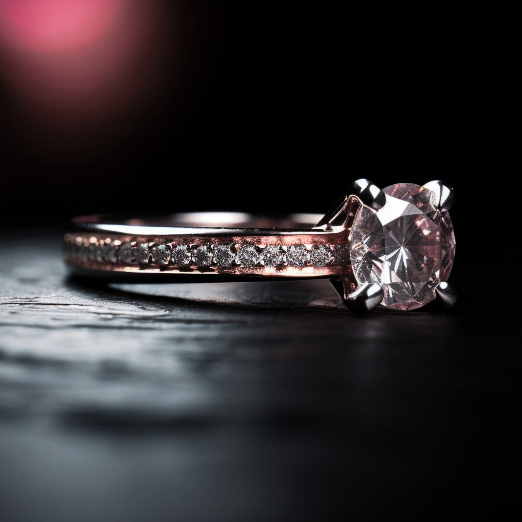 Bague en or rose et diamants sur une surface sombre, éclairée d'une douce lueur rose.