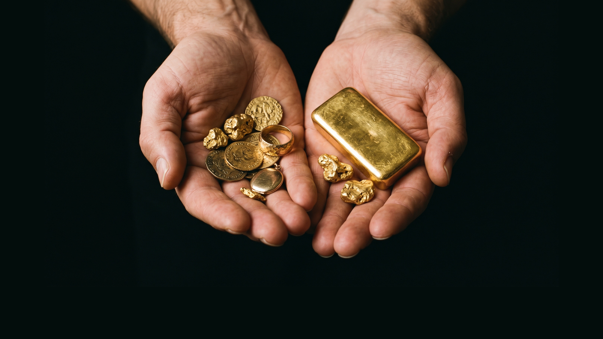 Mains tenant des pièces d'or et un lingot d'or sur fond sombre