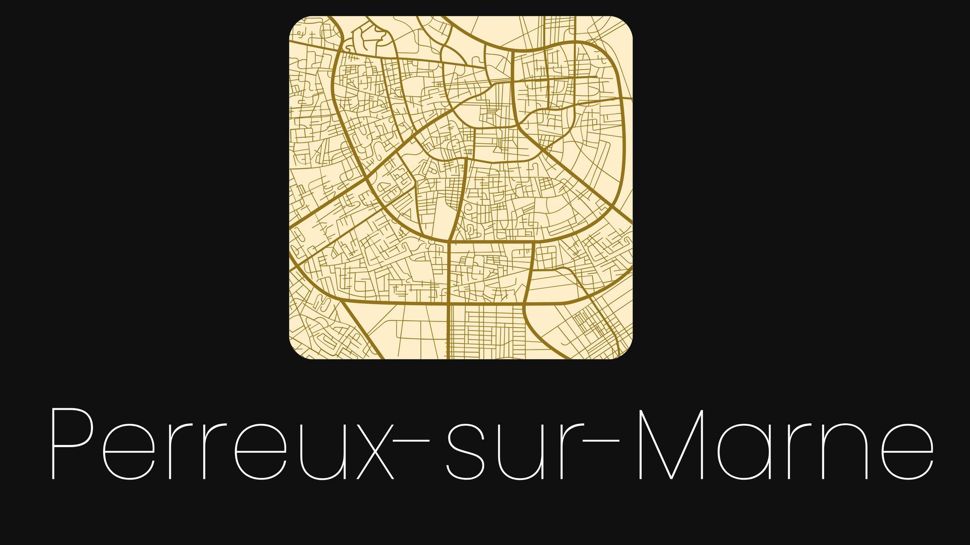 Texte Perreux-sur-Marne sous une icône de carte beige sur fond noir