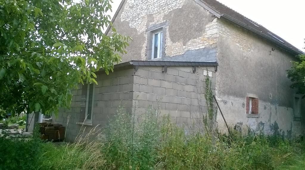 Vieille maison en pierre avec un toit en pente, de petites fenêtres et de l'herbe envahissante devant.
