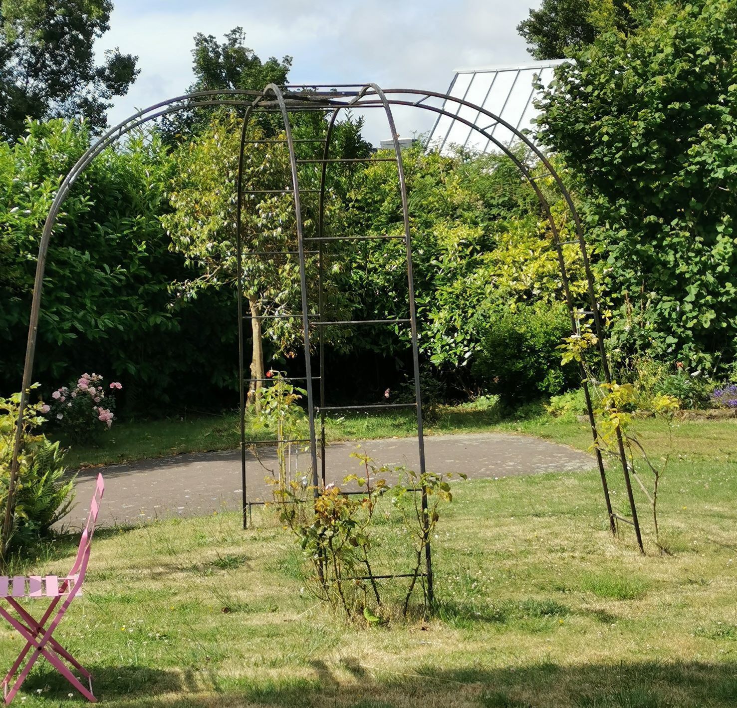 Arche de jardin en métal avec plante grimpante, dans une cour gazonnée, chaise rose à gauche, arbres en arrière-plan.