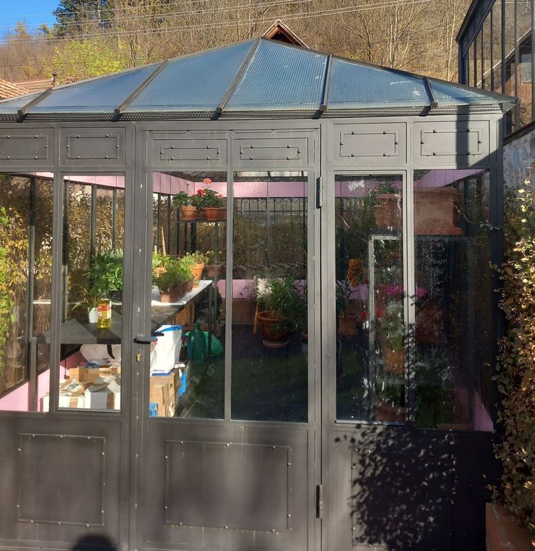 Serre en métal gris avec panneaux de verre, remplie de plantes, contre un mur rose.