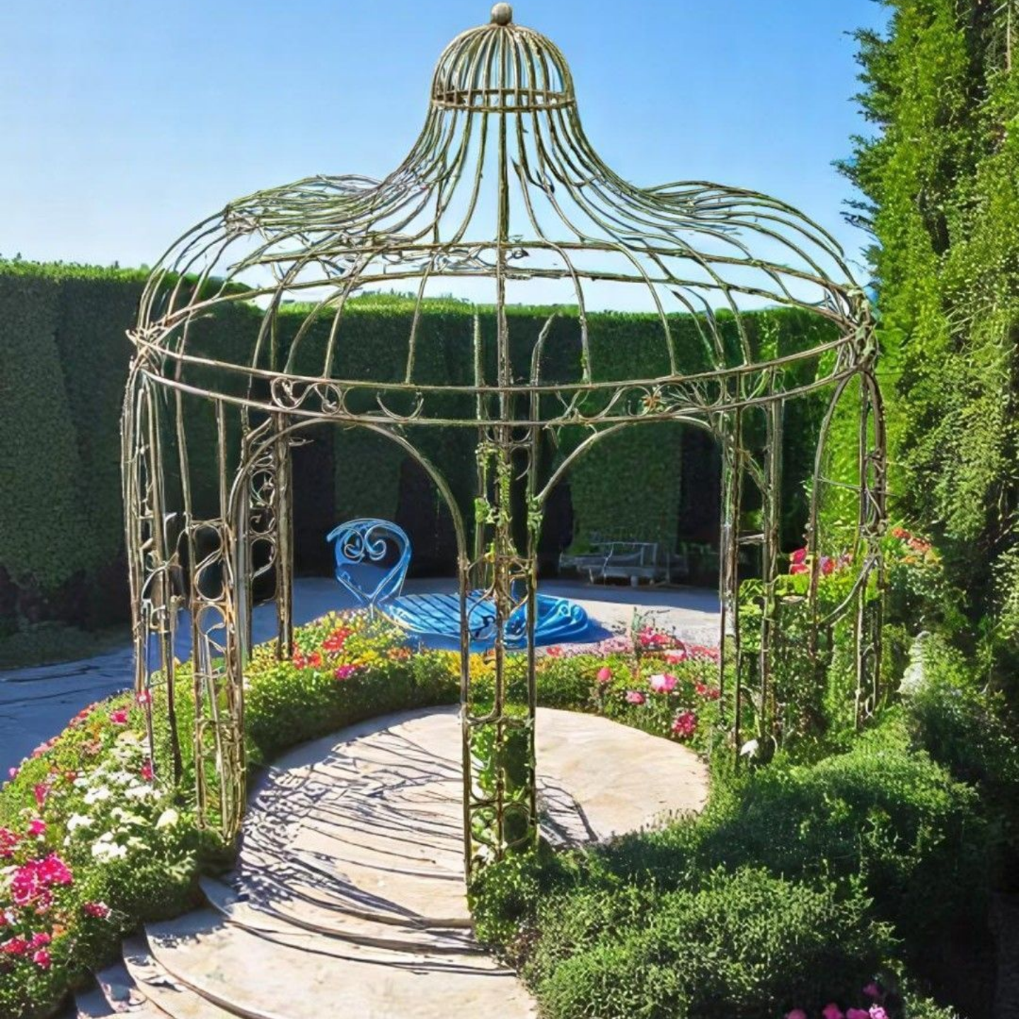 Une gloriette dans un jardin fleuri