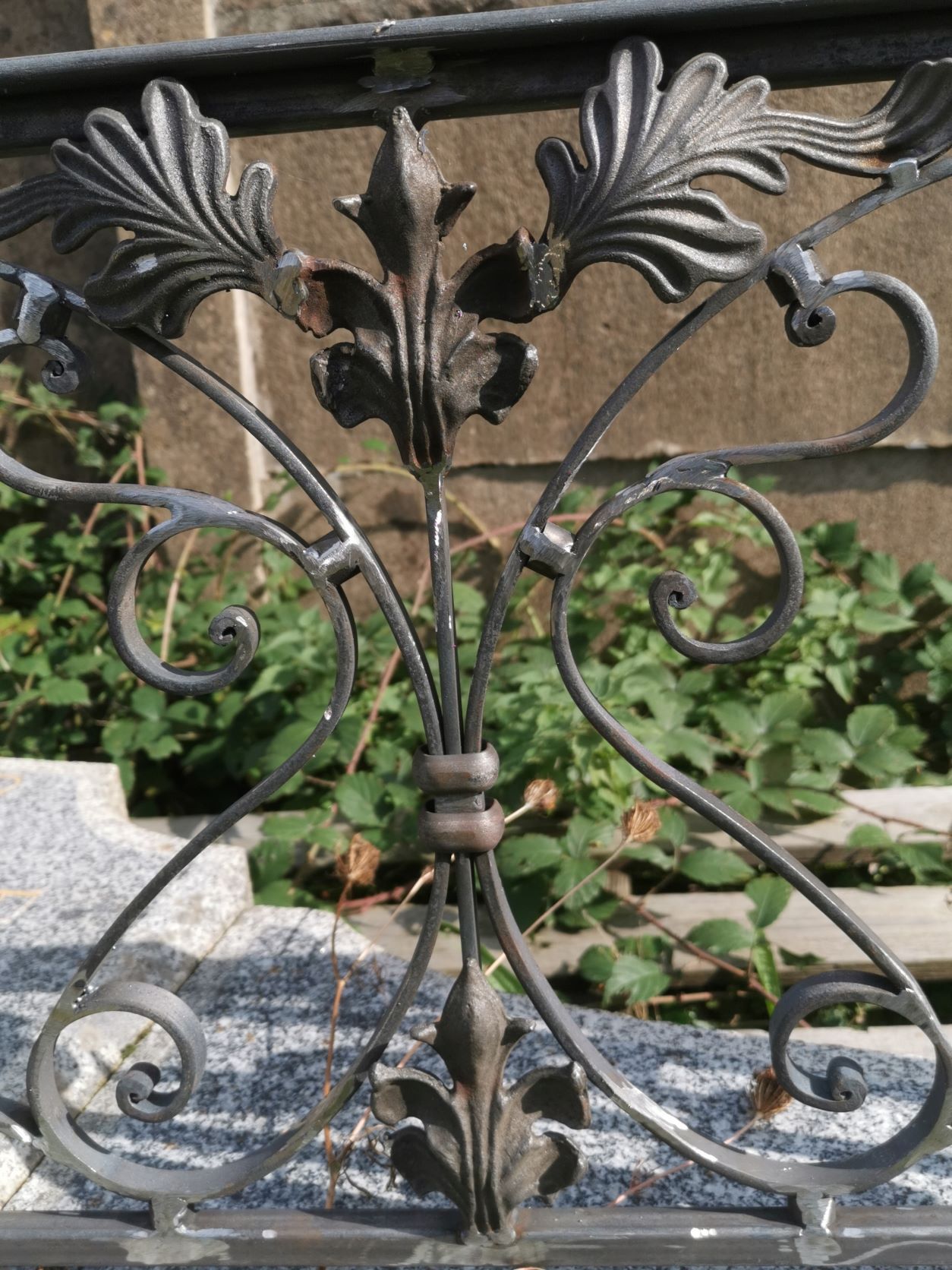 Détail d'une clôture en fer forgé ornée de feuilles stylisées et de volutes sur un fond flou.