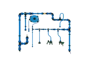 Um labirinto de tubos e fios azuis em um fundo branco