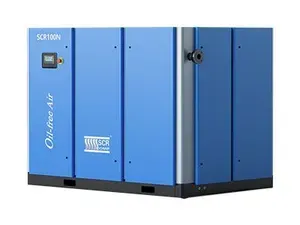 Um compressor de ar azul está sobre uma superfície branca.