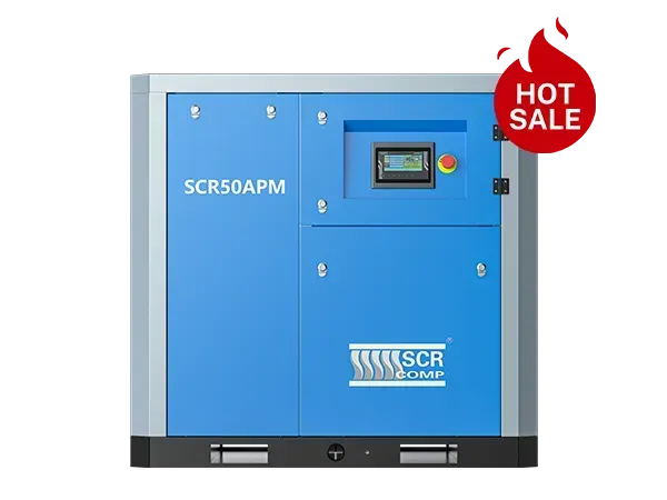 Um compressor de ar azul com uma placa de promoção.