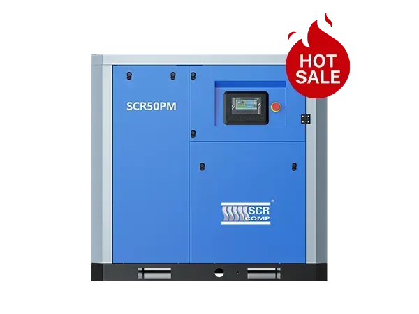 Um compressor de ar azul com uma placa de promoção