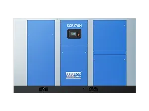 Um compressor de ar azul e prata em um fundo branco.