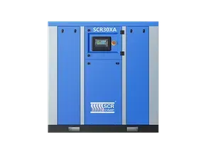 Um compressor de ar azul com uma tela na frente sobre um fundo branco.