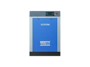 Um compressor de ar azul e prata em um fundo branco.